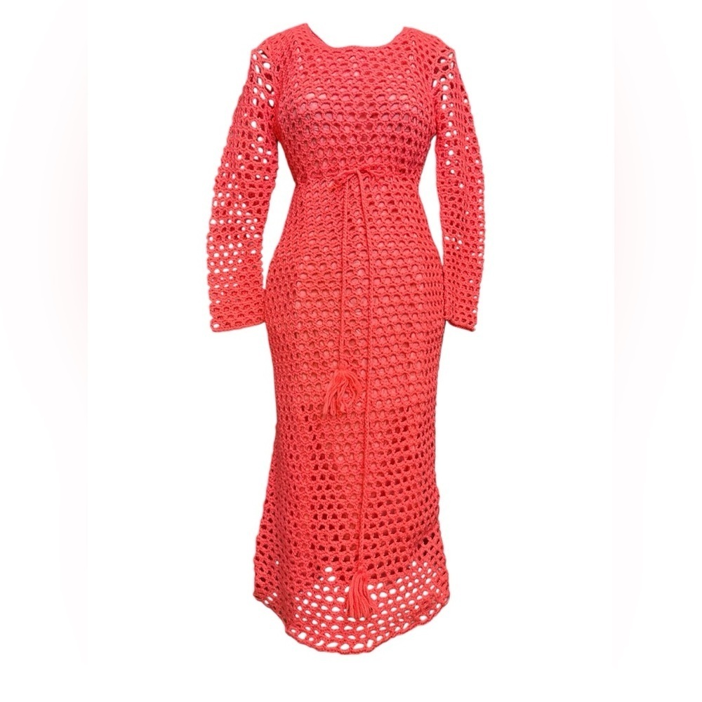 Vintage 100% wool crochet dress, hot pink, XS-small